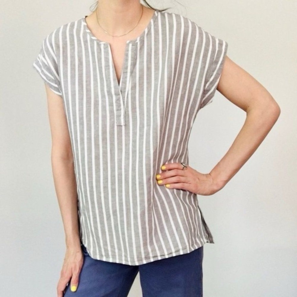 Ellen Tracy Linen‎ Pop Over Blouse Grey White Striped Women's XL